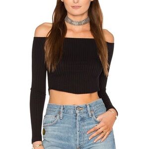 Revolve LNA Off the Shoulders Cropped Top Ribbed Knit Long Sleeve Black Small